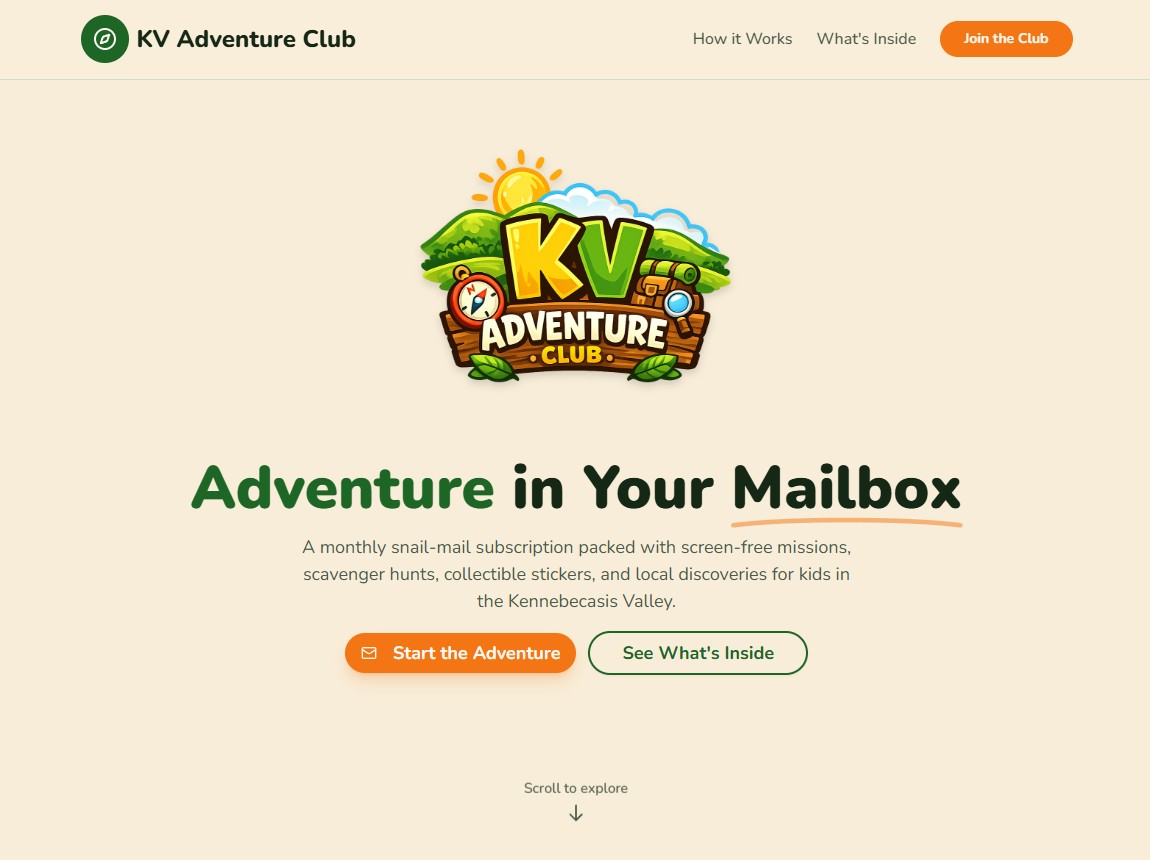 KV Adventure Club | FundyLogic custom website for a kids adventure subscription service in Kennebecasis Valley
