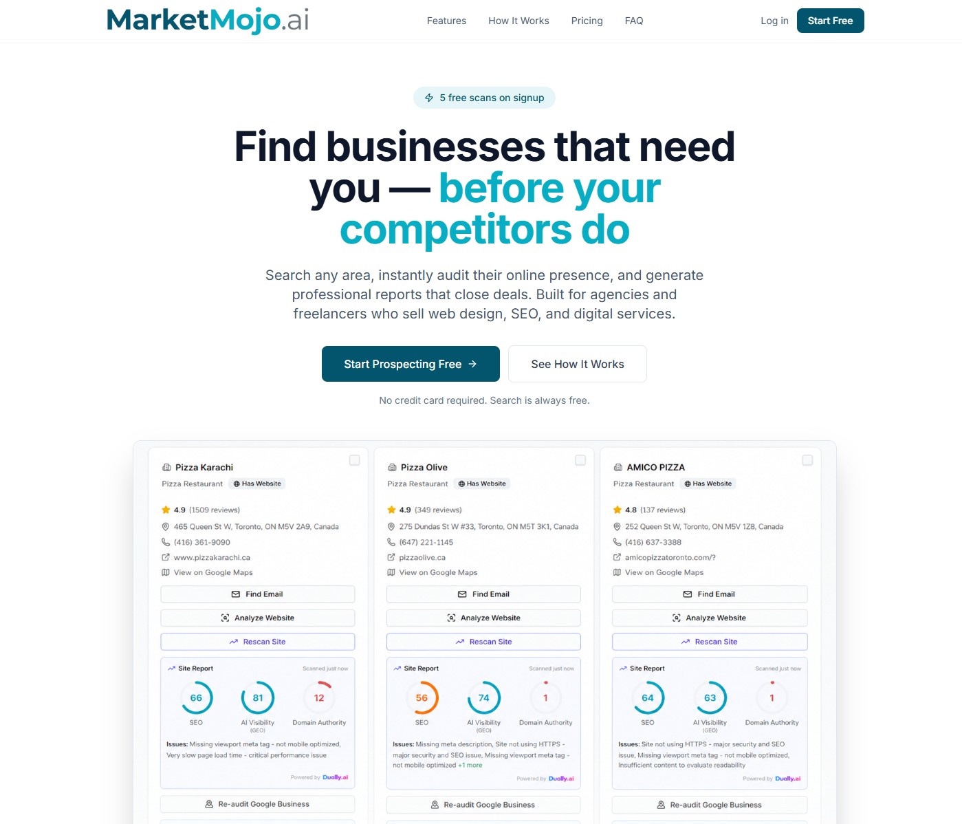 MarketMojo.ai | FundyLogic SaaS platform for local business prospecting and AI-powered website auditing
